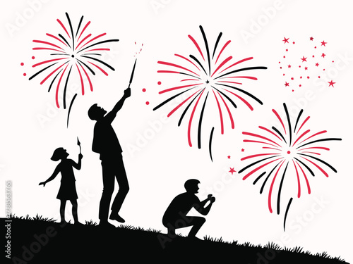 Silhouette family watching red and black fireworks display