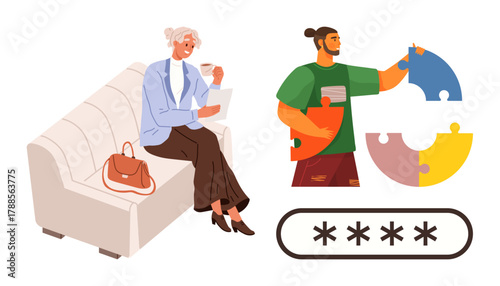 Elderly woman enjoys coffee and reading on a sofa while a young man pieces together a colorful puzzle. Ideal for teamwork, learning, security, digital technology, intergenerational connection