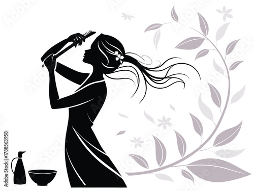 Black silhouette woman brushing long hair with flowers and leaves