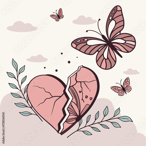 Butterflies emerge from a cracked heart symbolizing transformation and healing