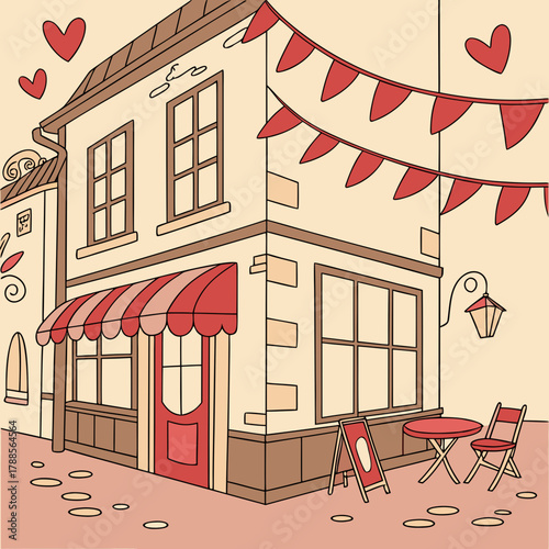 Charming parisian cafe with red accents and festive bunting
