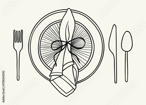 Elegant table setting illustration. Black and white outline place setting with napkin on plate, fork, spoon and knife. Line art vector illustration.