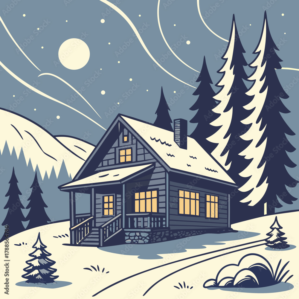 Fototapeta premium Cozy cabin in a snowy winter landscape under a full moon