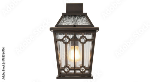 Elegant glowing outdoor wall lantern sconce with textured glass and metal frame on a transparent background PNG image
