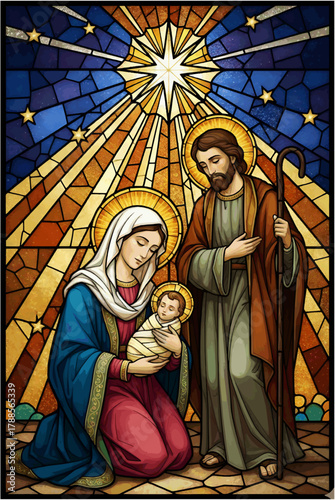 Nativity Stained Glass Illustration with Virgin Mary Saint Joseph and Baby Jesus under Bethlehem Star Religious Christian Artwork Holy Family Scene