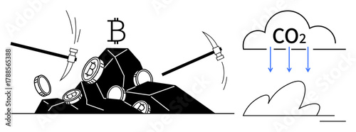Pickaxes striking rocks with Bitcoin coins, emitting CO2 into the atmosphere, conveying environmental cost of cryptocurrency mining. Ideal for technology, energy, sustainability, pollution, business