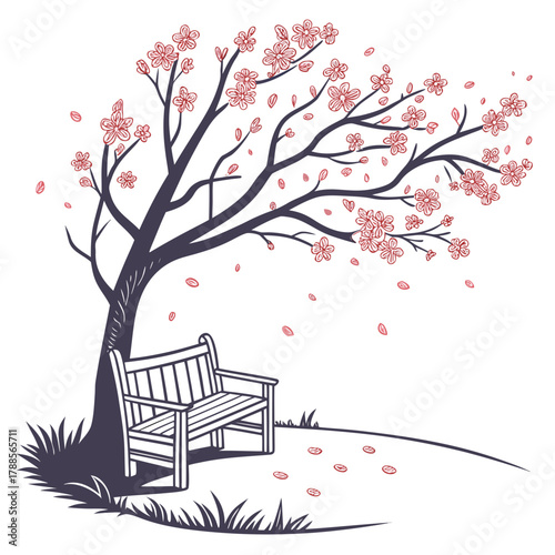 Serene cherry blossom tree with empty bench and falling petals