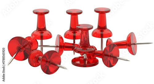 Cluster of transpatent red pushpins for office or school use on a white background