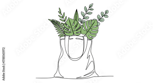 Reusable shopping bag single line drawing filled with natural green, eco-friendly mood, zero waste and sustainable lifestyle concept, minimalist, with copy space
