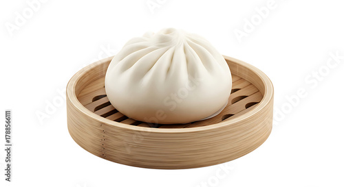 Freshly steamed Asian baozi, a delicious fluffy bun served in a traditional bamboo basket, ready to eat