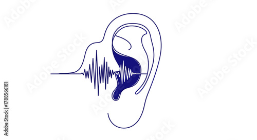 Human ear single line drawing with sound wave inside filled with deep blue, attentive mood, concept of audio and listening, sound design, with copy space