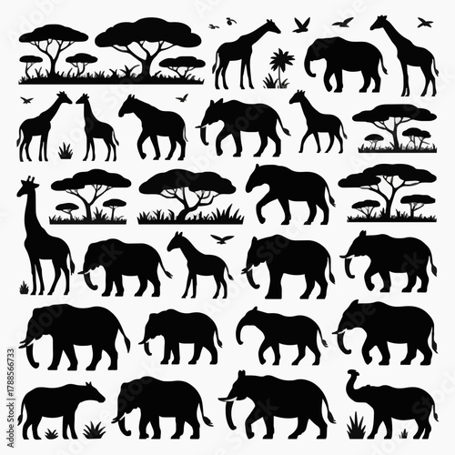 Huge Collection of Black Wildlife Silhouettes with African Landscape