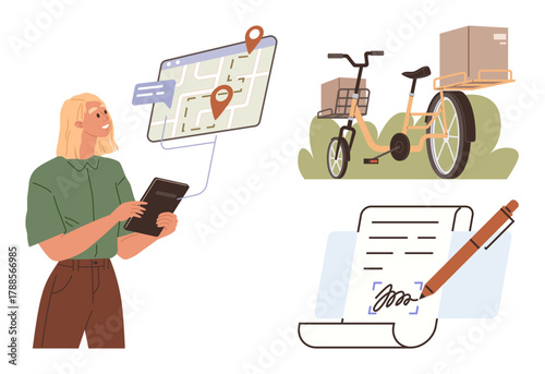 Woman using tablet, route map with location pins, delivery bicycle carrying packages, and signed contract document. Ideal for delivery services, logistics, e-commerce, contracts, technology supply