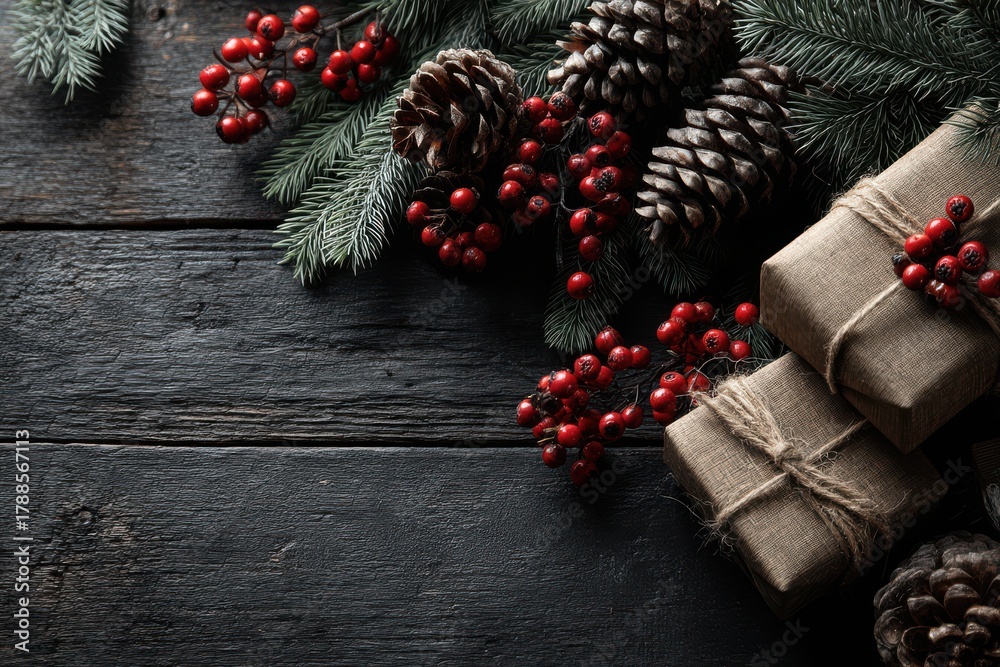 Fototapeta premium Rustic Christmas decoration arrangement with wrapped gifts and natural pine details