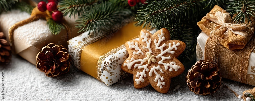 Fototapeta premium Christmas background featuring gift boxes, pine branches, and a decorative gingerbread cookie