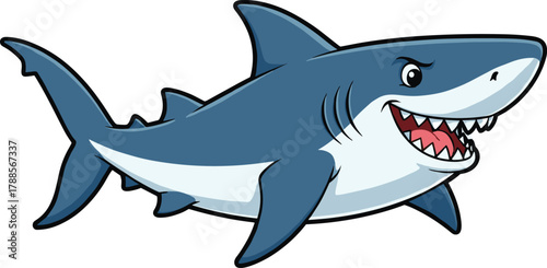 Cartoon shark with sharp teeth and fierce expression, vector illustration for marine life education, ocean adventure, and predator concept