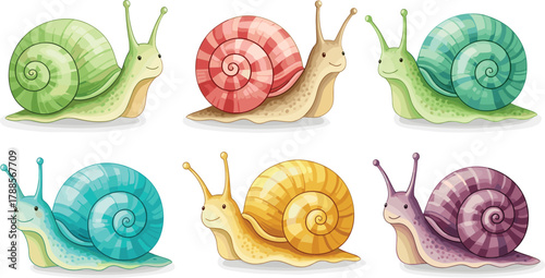 Cartoon snail set with colorful shells and smiling faces, vector illustration for nature, kids design, and slow movement concept