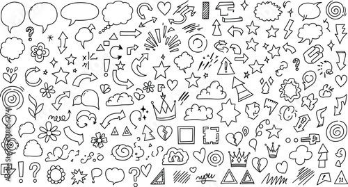 Doodle Elements Set with Arrows, Hearts, Speech Bubbles, Stars, Crowns on White