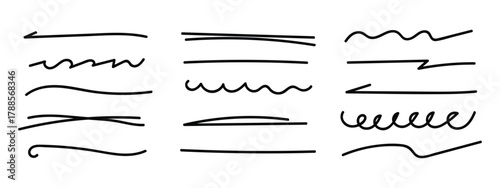 Hand drawn black pen and brush stroke with underline accent, swoosh detail and squiggly sketch mark icon vector. Line marker black underline symbol. vector illustration.