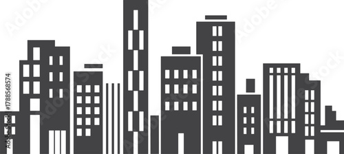 Modern city skyline silhouette with tall office towers, urban architecture buildings and commercial skyscrapers in simple vector illustration design