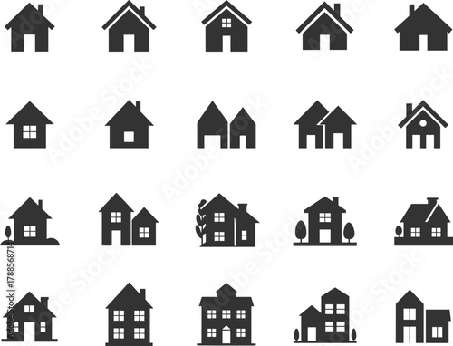 Modern house icon collection for home architecture, residential building design, real estate property, housing construction planning, community neighborhood illustration use
