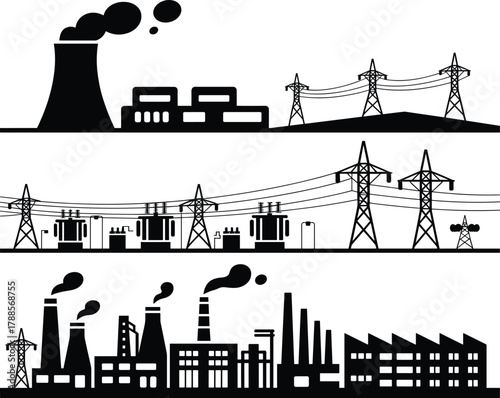 Power plant and electrical substation silhouette with high voltage transmission towers, industrial energy infrastructure illustration for engineering and utility projects