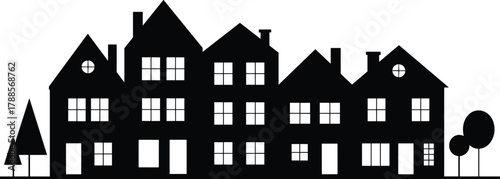 Row of traditional residential houses silhouette with windows and rooftops, suburban neighborhood street architecture design illustration for real estate projects