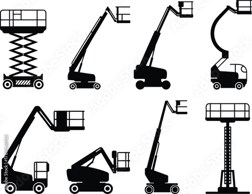 Set of construction aerial work platforms, scissor lifts and boom lifts used for industrial maintenance, building repair and elevated access safety