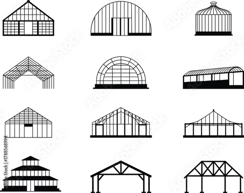 Set of greenhouse building silhouettes, various architectural frame structures, botanical garden glasshouses, modern farming and horticulture greenhouse designs