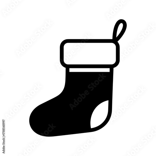 Black Christmas stocking with white cuff and loop for hanging  