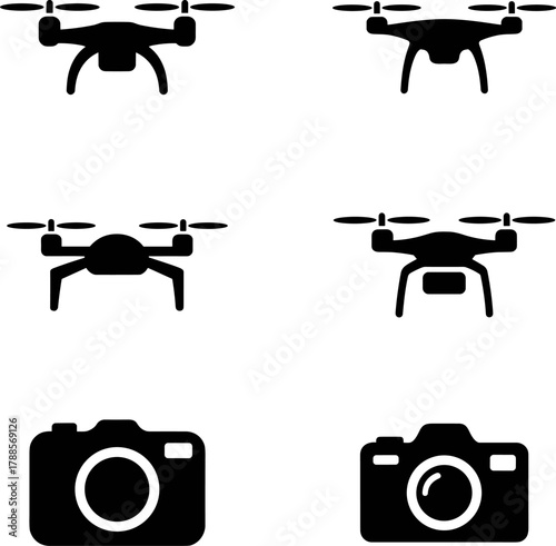 Aerial Photography Drone Vector Silhouette Collection Flying Device With Camera Surveillance
