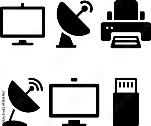 Broadcasting Technology Icon Pack Television Display Signal Antenna Printer Camera Silhouette Media And Publishing Icons Set Signal Antenna TV Monitor Printer Photo Camera