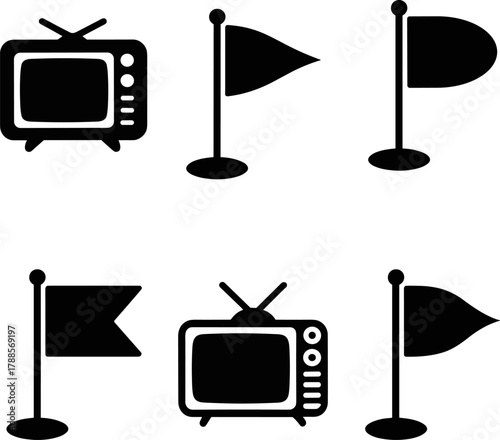 Communication And Photography Vector Silhouette Collection Isolated On White Background  Camera TV Printer Satellite Dish Technology Vector Icons For Global Communication and flag