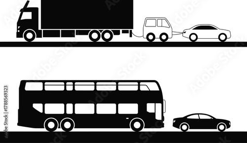 Silhouette illustration of truck towing small vehicle and double decker bus with car in transportation and traffic concept design