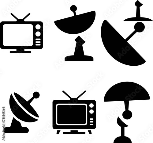 Digital Printing Media Broadcasting Technology Icons Printer Camera Television Signal Dish Satellite Signal TV Monitor Printer Camera Digital Technology Vector Icon Pack