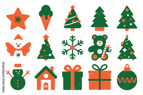 A collection of festive Christmas icons including trees, snowflakes, gifts, and a snowman.