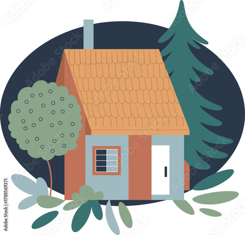 Small cozy cottage surrounded by forest trees and garden plants, peaceful rural home illustration for nature living and relaxation
