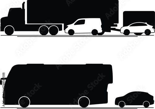 Silhouette illustration of truck, van, car, trailer, and bus in traffic lineup representing transportation, logistics, road travel and vehicles system
