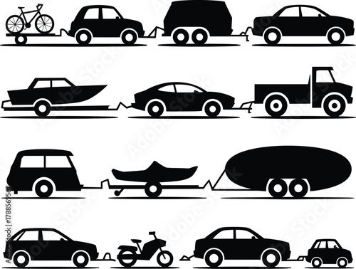 Cars towing trailers carrying bicycles, boats, motorcycles, campers and small vehicles for travel, transport, vacation, road trip and outdoor activities