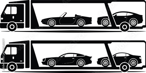 Car carrier transport truck silhouette with luxury vehicles loaded on auto trailer, automotive logistics shipping and transportation vector illustration design