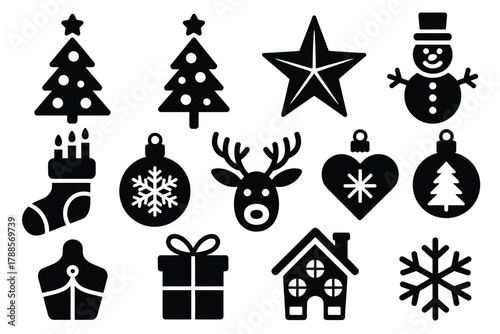 A collection of festive Christmas icons including trees, ornaments, a snowman, and a gift box.