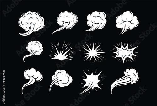 Cartoon smoke explosion set, vector comic cloud burst, dust puff and vapor effect, dynamic explosion design elements, isolated background illustration, art