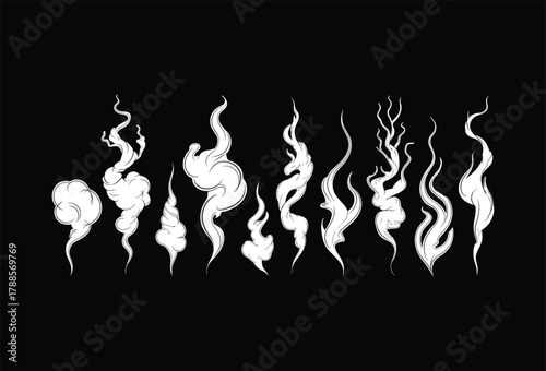 Cartoon smoke swirl set, vector vapor line illustration, abstract wind and steam design, curling smoke effect, soft flowing vapor art, isolated background