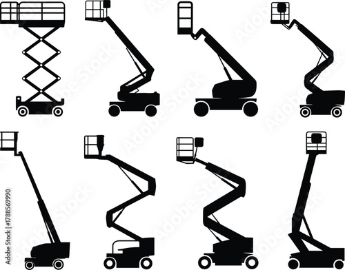 Collection of aerial work platforms, boom lifts and scissor lift equipment used for construction, building maintenance and elevated job site access