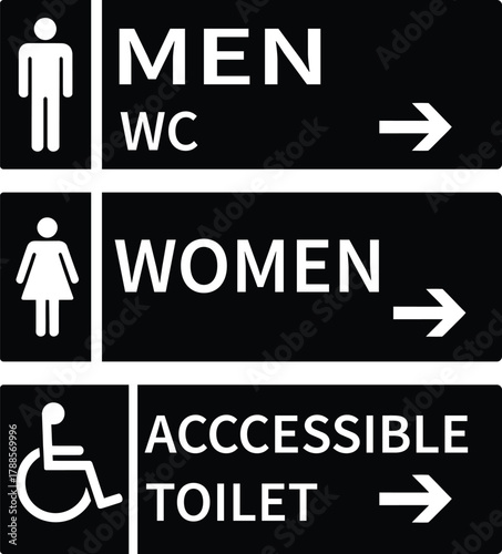 Public restroom and toilet signs for men, women, accessible