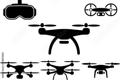 Professional Photography Equipment Silhouette Drones With Cameras And DSLR Vector Stock Image