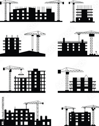 Collection of construction site building silhouettes with tower cranes, urban development structures, architecture growth and industrial city infrastructure illustration set