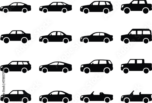Collection of different car silhouettes including sedan, SUV, hatchback, minivan, pickup and convertible for transport, travel and automotive design use