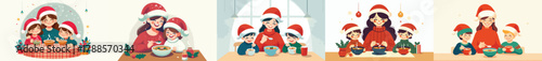 Vector of mother and child eating warm soup on Christmas Eve