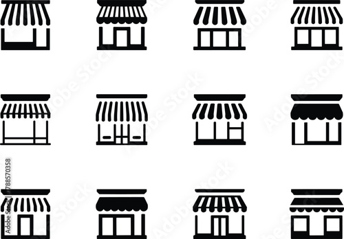 Collection of storefront shop icons with awnings, retail building silhouettes for business branding, market signage, commercial store design elements
